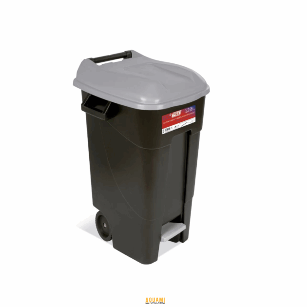 "Conteneur à déchets de 120 litres avec pédale – Bac à ordures pratique et hygiénique, doté d'un système de pédale pour une ouverture sans contact. Idéal pour une utilisation domestique ou professionnelle. Disponible chez Outillage Aouami."