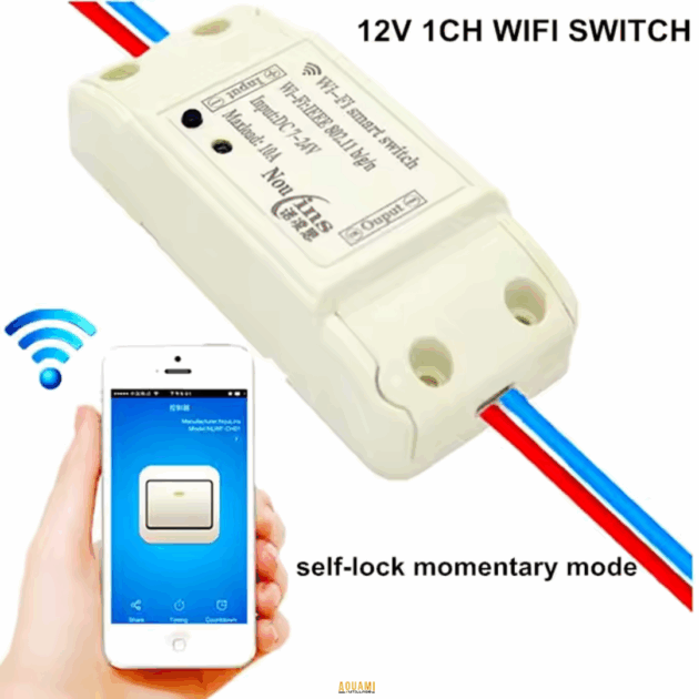 "Smart Switch WiFi 12V – Interrupteur intelligent 12V compatible WiFi, permettant un contrôle à distance via votre téléphone. Pratique pour gérer l'éclairage et les appareils à distance. Disponible chez Outillage Aouami."