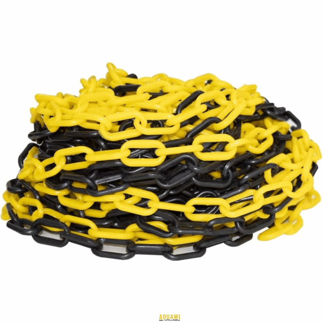 "Chaîne plastique 6mm x 25m noir/jaune – Chaîne résistante et flexible pour délimiter des zones de sécurité, idéale pour les travaux extérieurs ou pour signaler des zones dangereuses. Disponible chez Outillage Aouami."