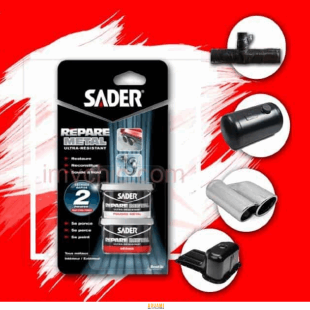 "Mastic polyester bi-composant SADER Aramétal, idéal pour réparer et assembler les métaux. Forte adhérence et finition métallique. Disponible chez Outillage Aouami."