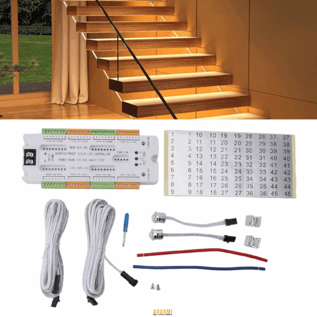 "Contrôleur de lumière d’escalier LED avec détecteur, 32 canaux pour une gestion intelligente de l’éclairage. Disponible chez Outillage Aouami."