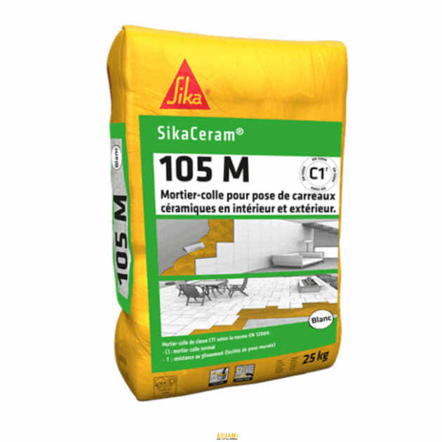 "Mortier-colle SIKACERAM 105 M en sac de 25 kg, idéal pour la pose de carrelage et de revêtements céramiques. Disponible chez Outillage Aouami."