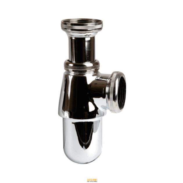 "Siphon d'évier en laiton chromé, idéal pour les installations de cuisine et salle de bain. Disponible chez Outillage Aouami."