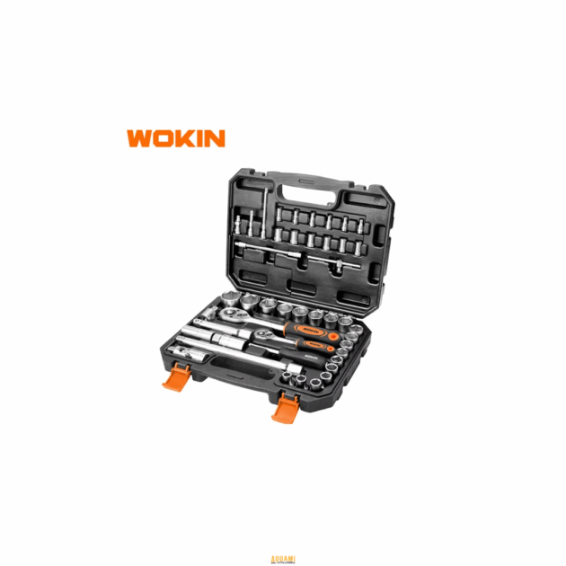 Jeu de douilles WOKIN 45 pièces – cliquets 1/2" et 1/4", douilles métriques, accessoires en acier chrome vanadium.