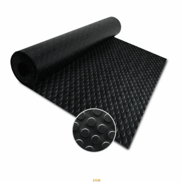 Tapis en caoutchouc noir à pastilles – rouleau de 10 m, épaisseur 3 mm, antidérapant.