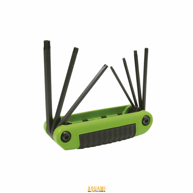 Clé grenade pliable avec embouts Torx T10 à T40 en acier durable, compacte et ergonomique.