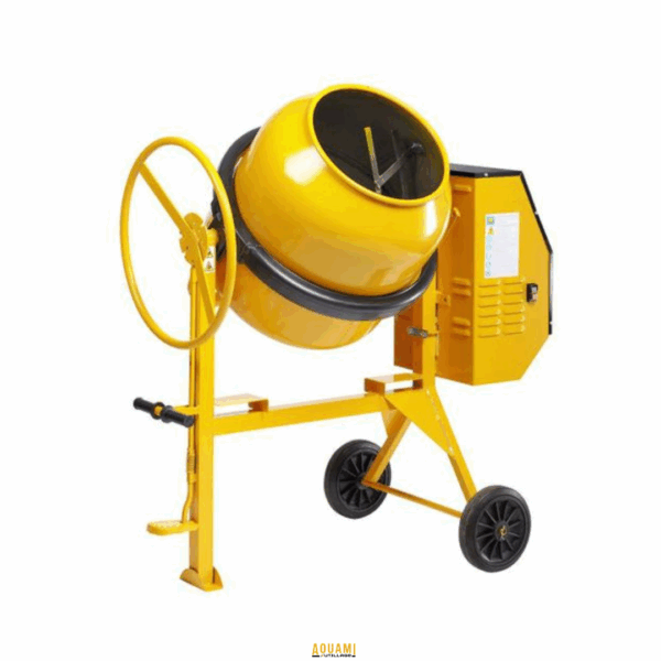 Bétonnière électrique avec tambour en acier et roues pour chantier de construction.