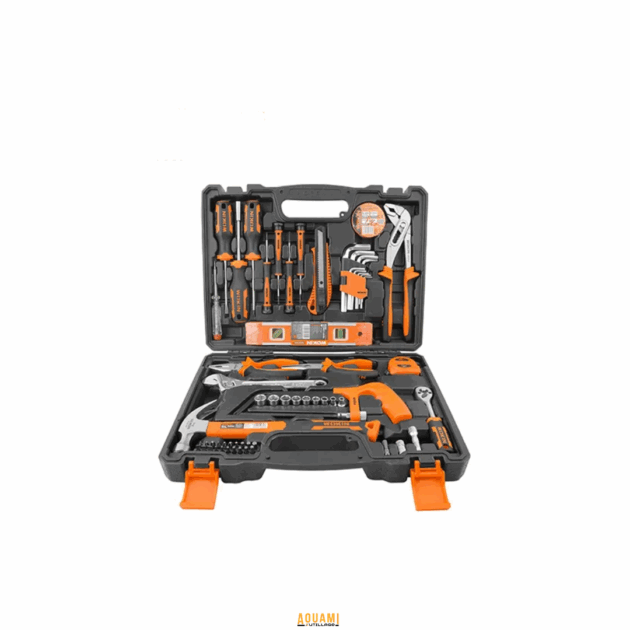 Boîte à outils ménagers contenant 61 pièces variées, rangées dans un coffret plastique robuste.