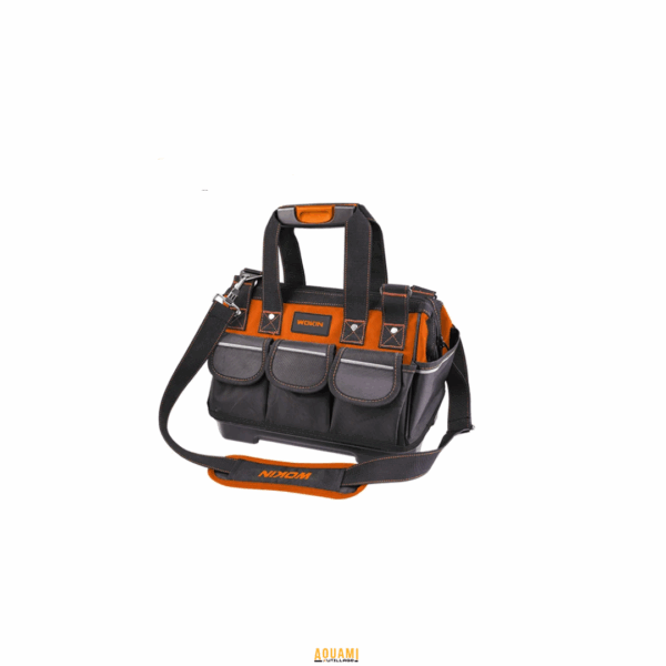 Sac à outils rigide 430 mm avec base résistante, multiples poches et bandoulière réglable.