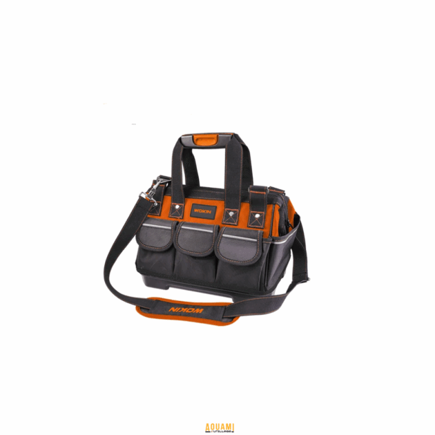 Sac à outils rigide 430 mm avec base résistante, multiples poches et bandoulière réglable.