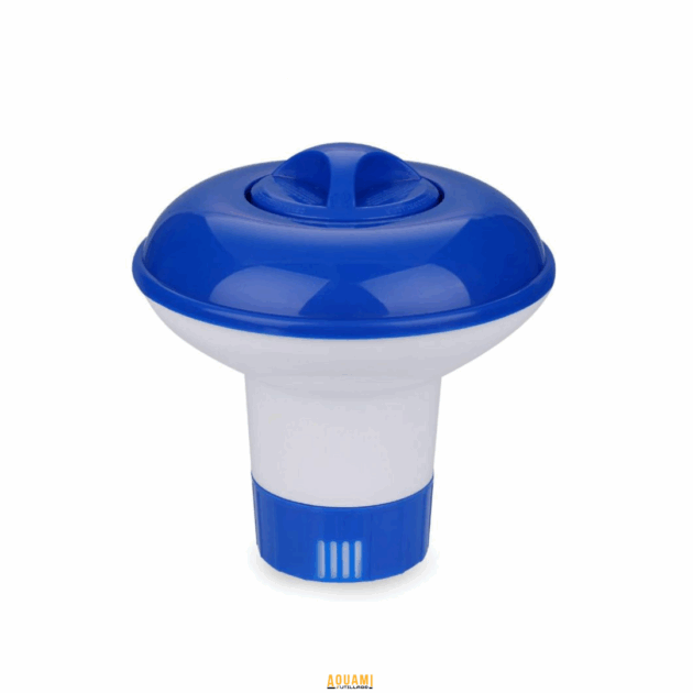 Diffuseur de chlore flottant en plastique bleu et blanc avec réglage de dosage pour piscine.