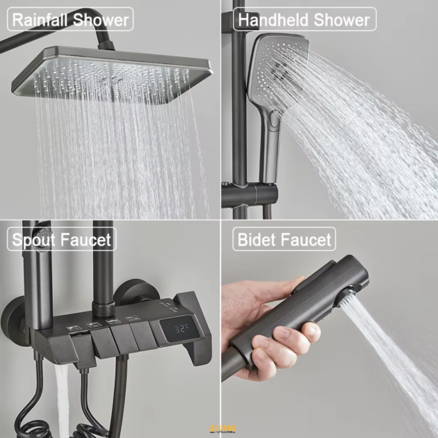 "Combiné de douche apparent style piano avec écran – Un ensemble moderne et élégant offrant un confort optimal sous la douche. Design sophistiqué pour une expérience premium. Disponible chez Outillage Aouami."