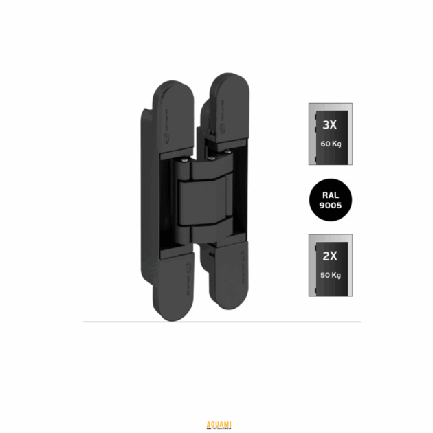 "Paumelle encastrée 3D 150/180 Noir-Chrome – Charnière robuste et élégante avec réglage 3D pour une installation facile et précise des portes. Disponible en finition noire et chrome. Idéale pour les portes modernes et les applications de haute qualité. Disponible chez Outillage Aouami."