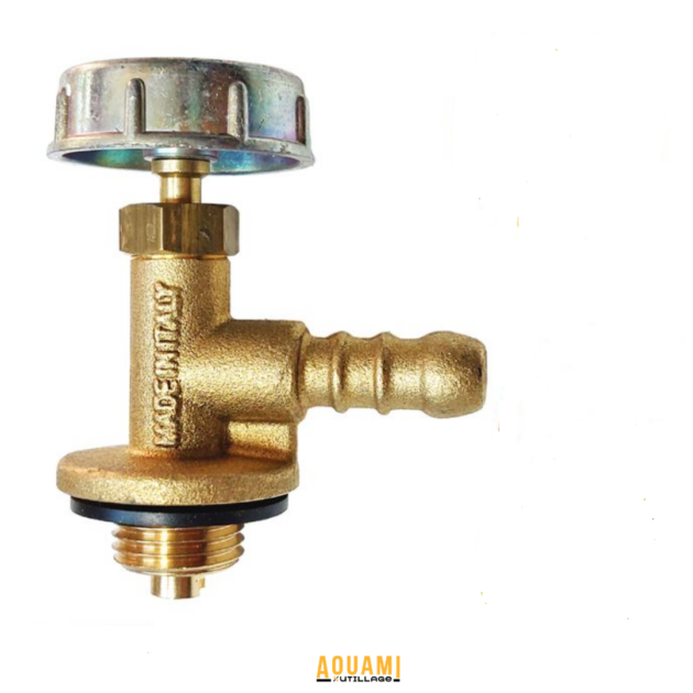 "Robinet tuyau pour bouteille de gaz – Dispositif de sécurité et de contrôle pour réguler l'alimentation en gaz. Fabriqué en Italie, adapté pour une utilisation avec des bouteilles de gaz. Disponible chez Outillage Aouami."