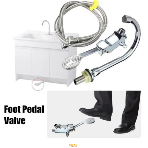 "Robinet à pédale avec bic, conçu pour un usage pratique et hygiénique. Idéal pour les environnements nécessitant une utilisation sans contact manuel, comme les hôpitaux, cuisines professionnelles et laboratoires. Disponible chez Outillage Aouami."