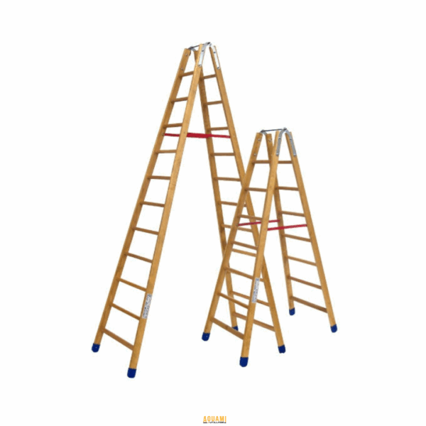 "Échelle double en bois, robuste et idéale pour atteindre des hauteurs importantes. Parfaite pour un usage domestique et professionnel."
