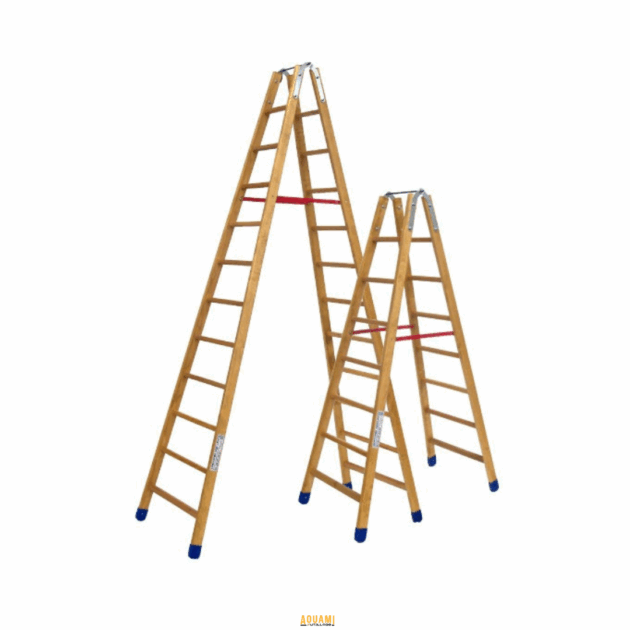 "Échelle double en bois, robuste et idéale pour atteindre des hauteurs importantes. Parfaite pour un usage domestique et professionnel."