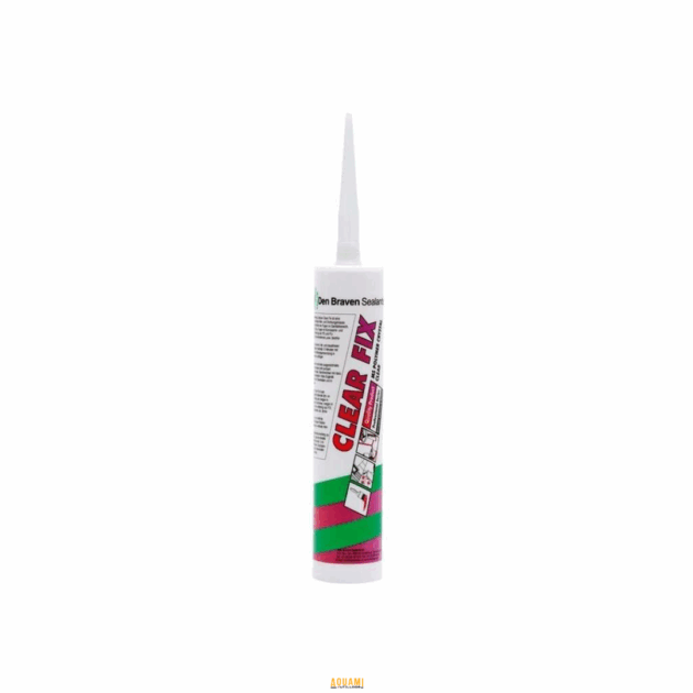 "Silicone Clearfix Den Braven, mastic transparent pour scellement, offrant une adhésion solide et durable pour diverses applications de vitrages et travaux de réparation. Disponible chez Outillage Aouami."