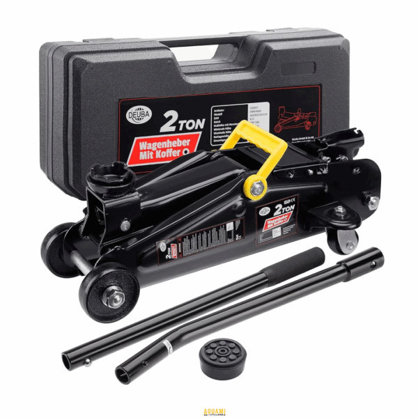 Cric rouleur hydraulique 2T avec poignée de transport et valise de rangement.