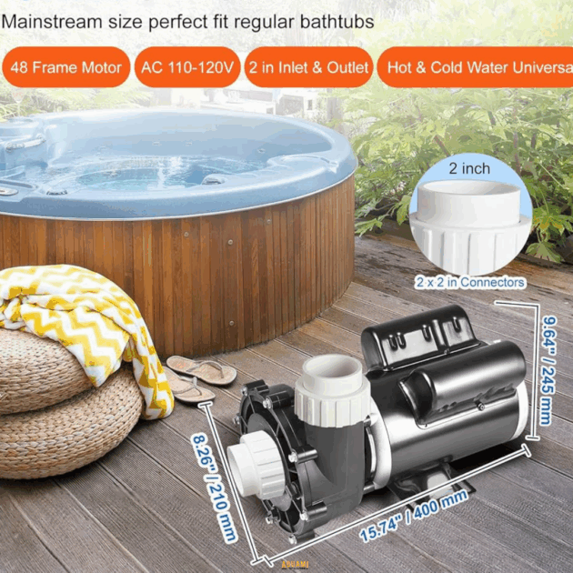 Pompe de massage pour spa ou bain à remous avec raccords hydrauliques.