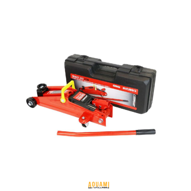 Cric rouleur hydraulique 2T avec poignée de transport et valise de rangement.