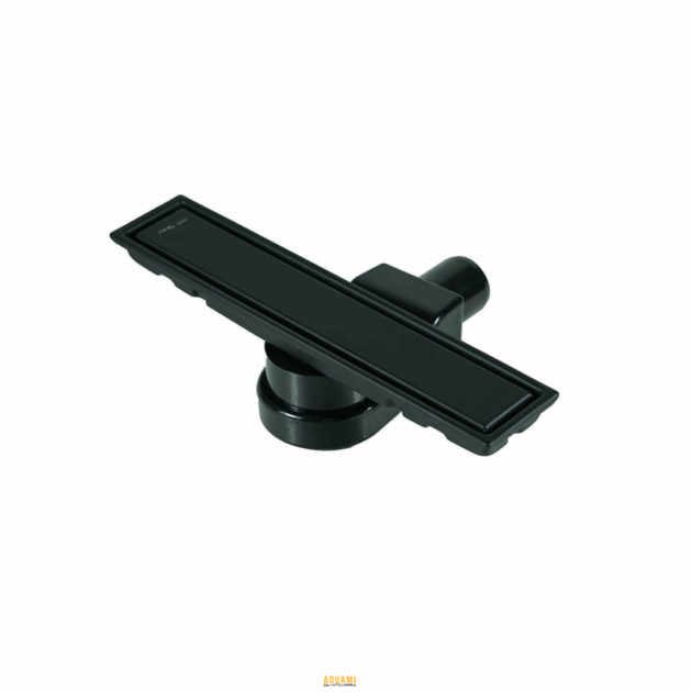 "Caniveau de douche avec coude, disponible en longueurs de 20 à 50 cm, finition noire ou chromée, pour évacuation design et efficace."