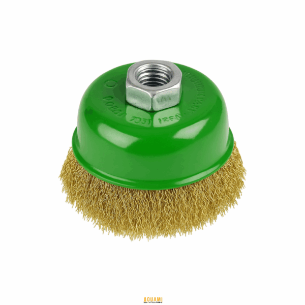 "Brosse soucoupe en laiton pour meuleuse, idéale pour le décapage et le nettoyage des surfaces métalliques."