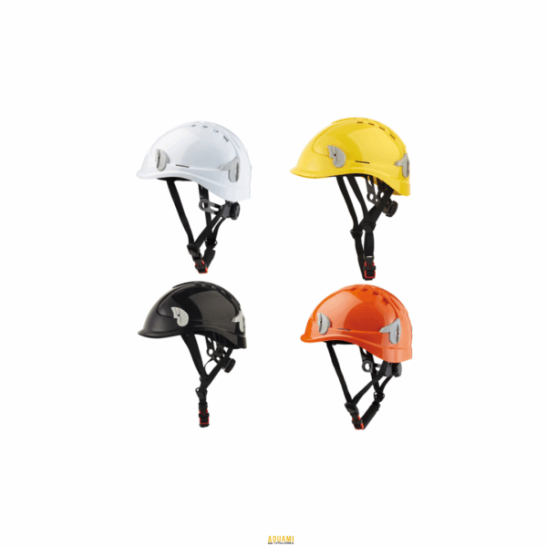 "Casque de chantier avec jugulaire, protection de tête pour travaux en hauteur ou BTP."