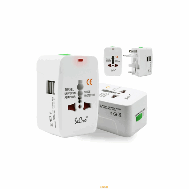 Adaptateur prise secteur américain compact blanc, compatible prises US vers prises européennes.