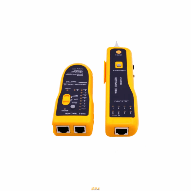 Testeur de câble RJ45 et RJ11 avec affichage LED, module principal et distant pour test de connexions réseau.