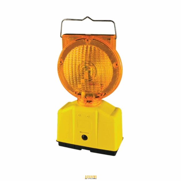 Lampe de chantier LED solaire clignotante – balise de sécurité jaune pour signalisation nocturne extérieure.