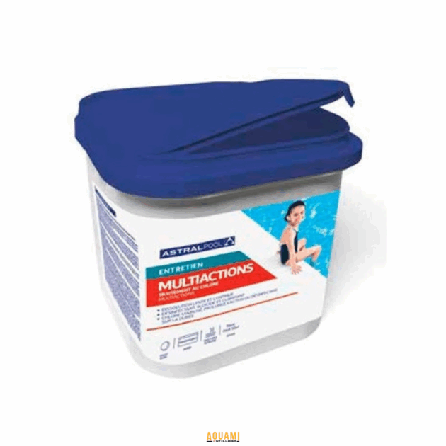 Photo d’un seau de chlore multifonction AstralPool 5 kg avec couvercle bleu, destiné à l’entretien complet de l’eau de piscine.