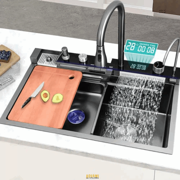 Évier de cuisine noir 75x46 cm avec cascade intégrée, accessoires multifonction : planche, égouttoir et bac à légumes.