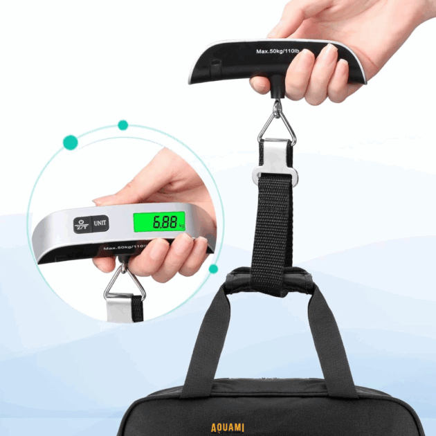 Balance numérique portable avec écran LCD et sangle, capacité 50 kg, idéale pour bagages et valises.