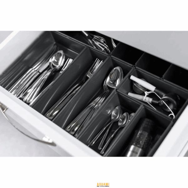 Séparateur tiroir cuisine modulable en plastique blanc, compartiments pour couverts et ustensiles.