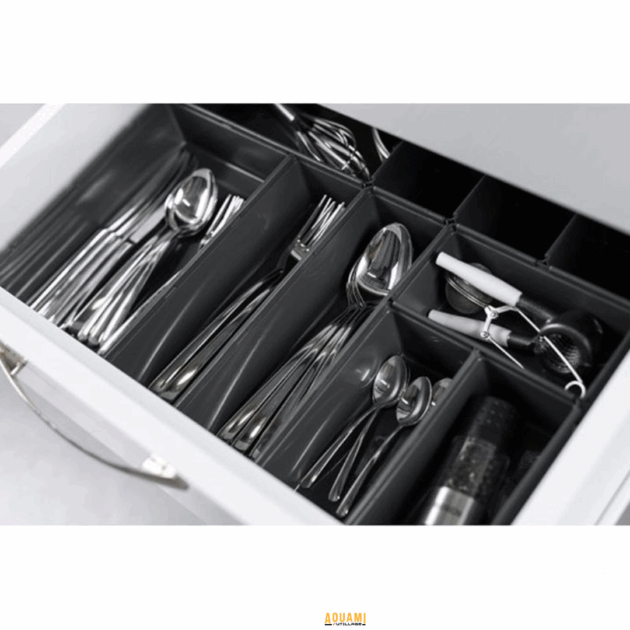Séparateur tiroir cuisine modulable en plastique blanc, compartiments pour couverts et ustensiles.