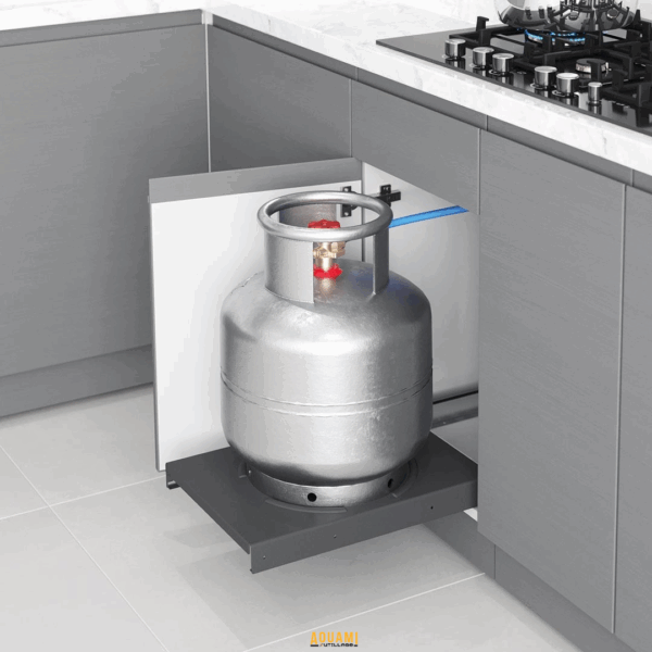 Support en acier coulissant pour bouteille de gaz, monté sur rails télescopiques avec sangles de sécurité.