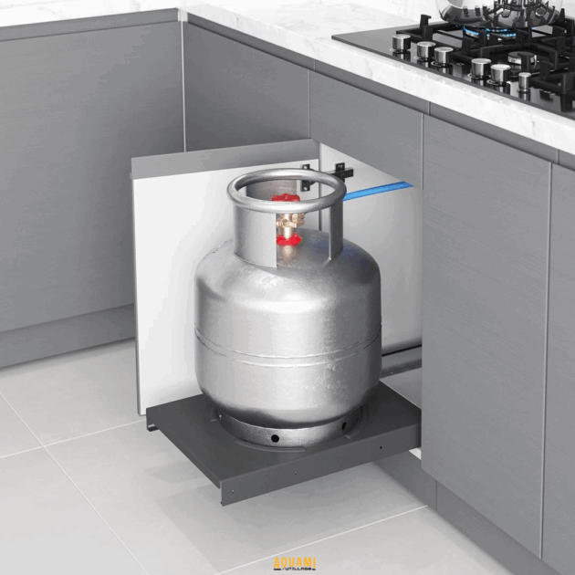 Support en acier coulissant pour bouteille de gaz, monté sur rails télescopiques avec sangles de sécurité.