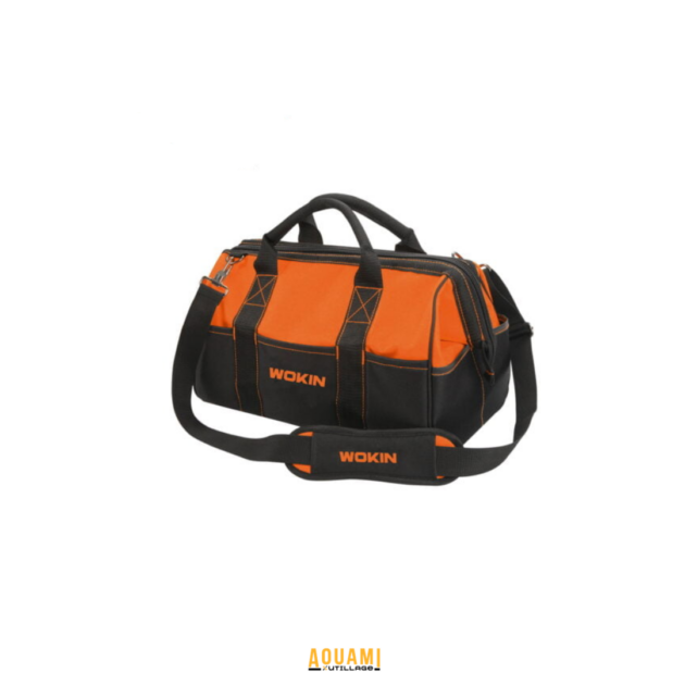 Sac à outils rigide 430 mm avec base résistante, multiples poches et bandoulière réglable.