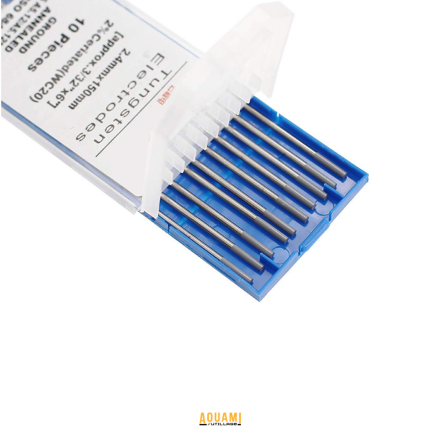 Électrode tungstène 2.4 mm x 150 mm pour soudage TIG, consommable de soudure professionnel offrant une excellente stabilité de l’arc et une haute résistance à la chaleur.