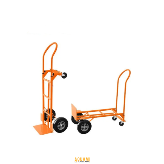 Chariot de manutention convertible 270/360 kg pour transport de charges lourdes en atelier, entrepôt et chantier.