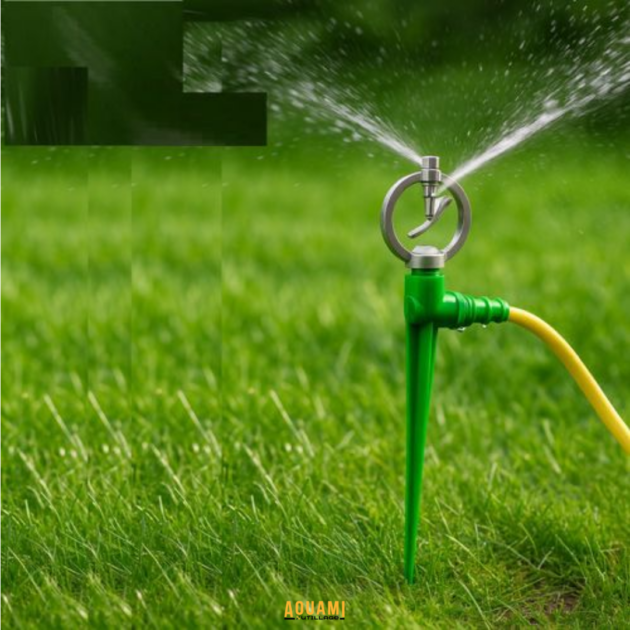 Arroseur de gazon style Mercedes à rotation circulaire pour arrosage uniforme des pelouses et jardins.