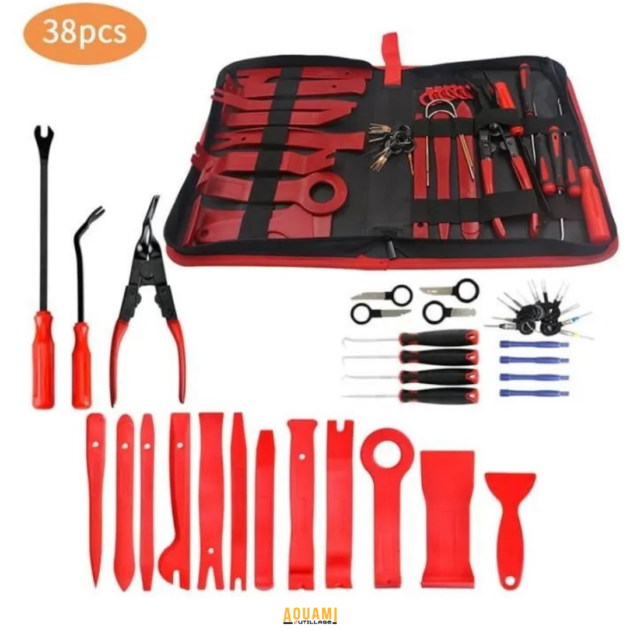 Kit de 38 outils de démontage de garnitures voiture pour panneaux, clips et tableaux de bord, sans abîmer les surfaces.