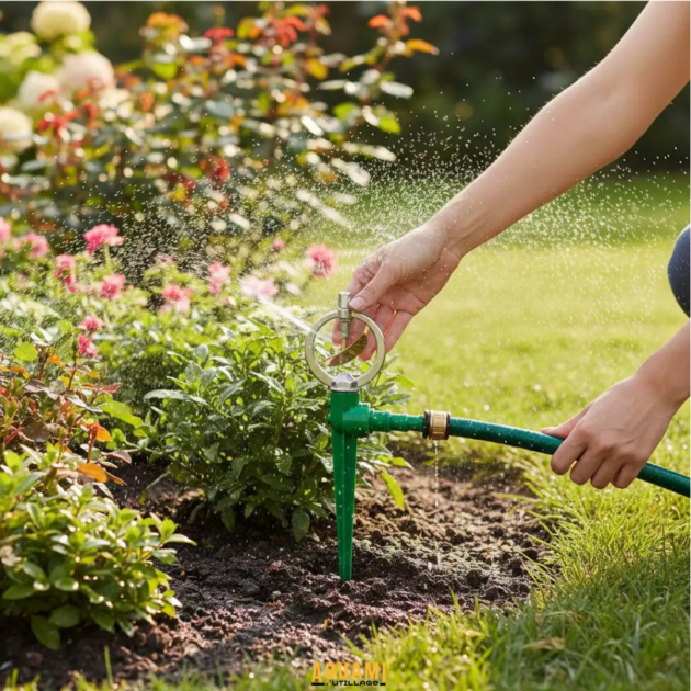 Arroseur de gazon style Mercedes à rotation circulaire pour arrosage uniforme des pelouses et jardins.